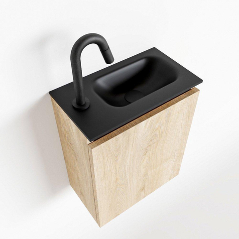 MONDIAZ TURE Fonteinset - 40x23x50cm - 1 kraangat - 1 deur - washed oak mat - Wasbak rechts - Solid Surface Zwart SW475488
