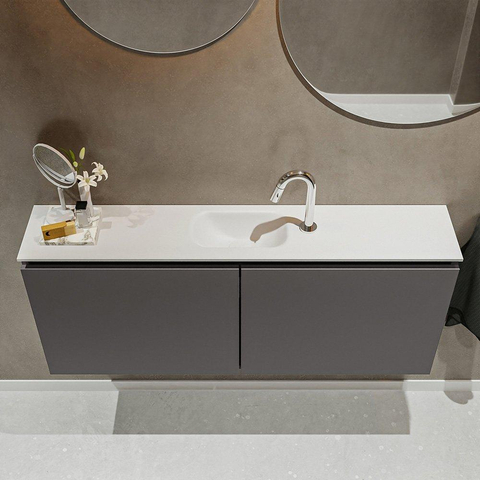 MONDIAZ TURE Fonteinset - 120x23x50cm - 1 kraangat - 2 deuren - darkgrey mat - Wasbak midden - Solid Surface Wit SW474963