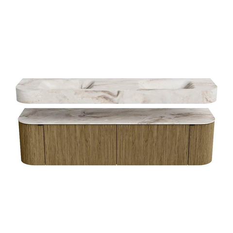 MONDIAZ THOR-DLUX 180cm meuble de salle de bains arrondi gauche + droite couleur Dusk avec 2 tiroirs et 2 portes. Vasque suspendue CLOUD Double 2 trous de robinet couleur Frappe. SW1465980