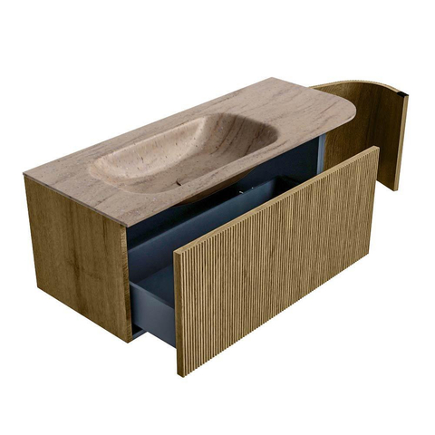 MONDIAZ KURVE-DLUX Meuble de salle de bains 115cm arrondi à droite couleur Dusk avec 1 tiroir et 1 porte. Lavabo BIG SMALL gauche sans trou de robinet Saba. SW1433340