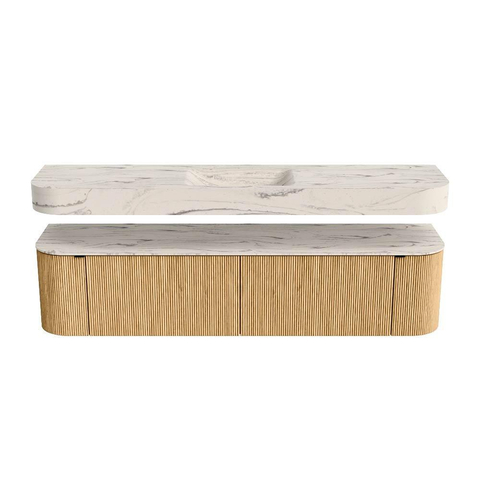 MONDIAZ THOR-DLUX Meuble de salle de bains - 190cm - arrondi gauche + droite - couleur Oak - 2 tiroirs - 2 portes - Vasque suspendue CLOUD Milieu 1 trou de robinet - couleur Nata SW1466750