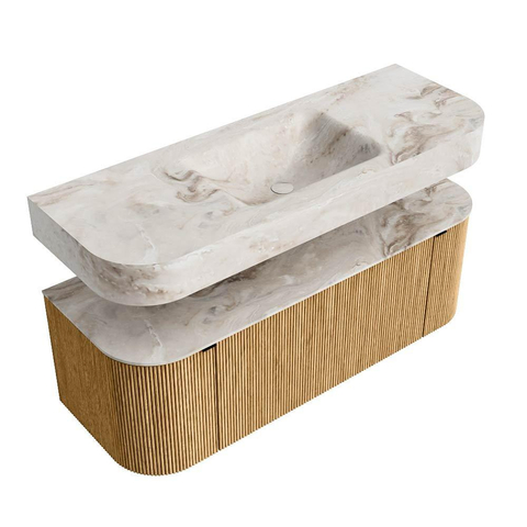 MONDIAZ THOR-DLUX 130cm badmeubel ronding links + rechts kleur Oak met 1 lade en 2 deuren. Vrijhangende wastafel CLOUD Midden 1 kraangat kleur Frappe. SW1463509