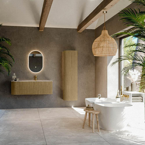 MONDIAZ KURVE-DLUX meuble de salle de bains 125 cm courbe à gauche couleur Dusk avec 1 tiroir et 1 porte. Lavabo BIG MEDIUM à droite 1 trou de robinet Nata. SW1432391