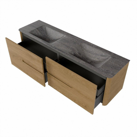 Mondiaz CIRO-DLUX Ensemble de meubles de salle de bains - 170x45x50cm - vasque en solid surface Oza - 2 cuves double - sans trous de robinet - 4 tiroirs - Chêne SW1531154