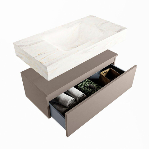 Mondiaz ALAN-DLUX Ensemble de meuble - 90cm - meuble Smoke mat - 1 tiroir - Lavabo Cloud Ostra suspendu - vasque Centre - 0 trous de robinet SW807362