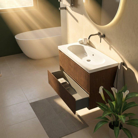 Saniclass Holz Atelier Ensemble de meubles de salle de bains - 100x45x63.5cm - lavabo en céramique Palermo blanc - 1 vasque - sans trou de robinetterie - 2 tiroirs - noyer pure mat (bois) SW1478606