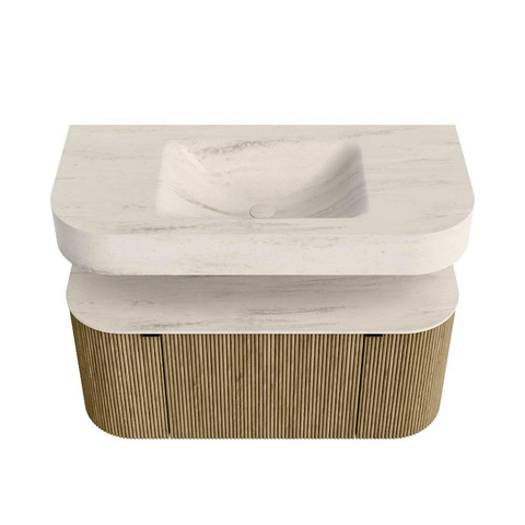 MONDIAZ THOR-DLUX 100cm meuble de salle de bains arrondi gauche + droite couleur Dusk avec 1 tiroir et 2 portes. Vasque suspendue CLOUD Milieu 1 trou de robinet couleur Meli. SW1467481