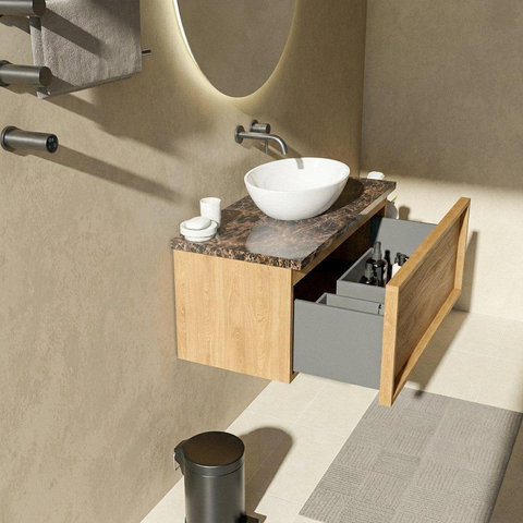Saniclass Holz Frame Badkamermeubelset - 100x45x43cm - Noche natuurstenen topblad dark emperador - zonder kraangat - 1 lade - mat eiken natural (hout) SW1478278