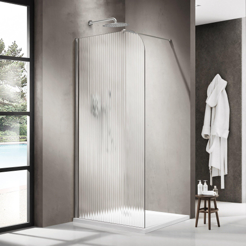 Fortifura Galeria Paroi de douche à l'italienne - 100x200cm - paroi en verre arrondie - gauche - verre nervuré - barre de fixation murale - Chrome SW1420744