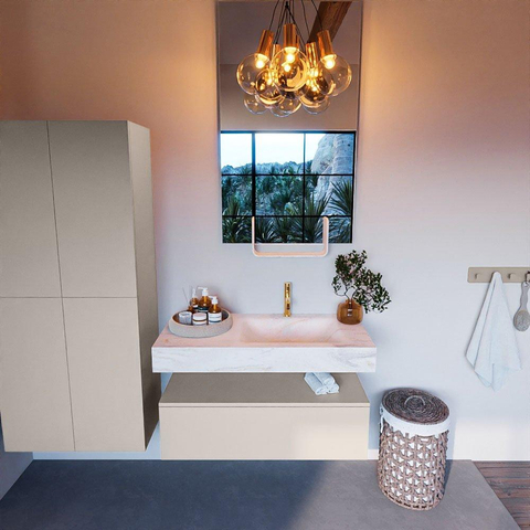 Mondiaz ALAN-DLUX Ensemble de meuble - 100cm - meuble Linen mat - 1 tiroir - Lavabo Cloud Ostra suspendu - vasque Droite - 1 trou de robinet SW807340