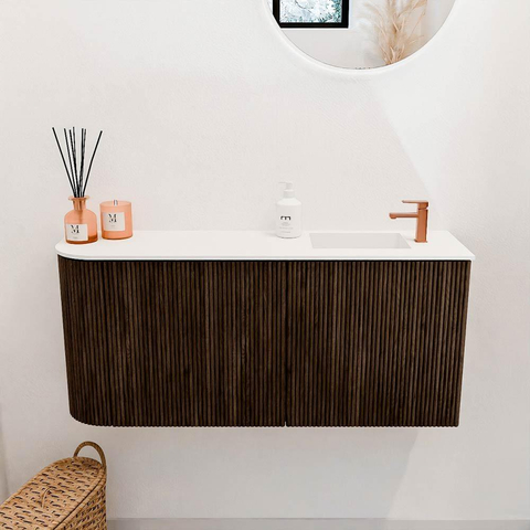 Mondiaz JOYA 91.6cm meuble de salle de bains - arrondi gauche couleur Walnut - Vasque FAYE position Droite 1 trou de robinet couleur Talc SW1421316