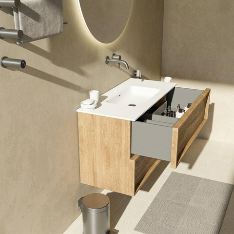 Saniclass Holz Frame Badkamermeubelset - 100x45x61.5cm - Flow solid surface wastafel wit - 1 wasbak - zonder kraangat - 2 lades - mat eiken natural (hout) SW1579773