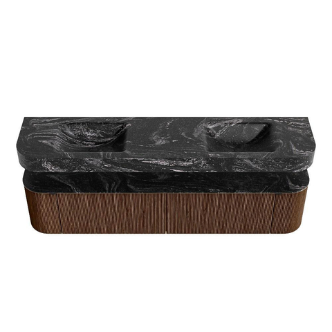 MONDIAZ THOR-DLUX 200cm badmeubel ronding links + rechts kleur Walnut met 2 lades en 2 deuren. Vrijhangende wastafel CLOUD Dubbel zonder kraangat kleur Lava. SW1466984