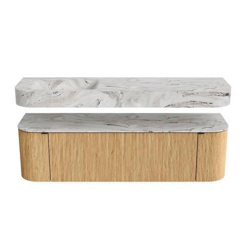 MONDIAZ THOR-DLUX Meuble de salle de bains 160cm arrondi gauche + droite couleur Oak avec 1 tiroir et 2 portes. Vasque suspendue CLOUD Gauche sans trou de robinet couleur Glace. SW1464940
