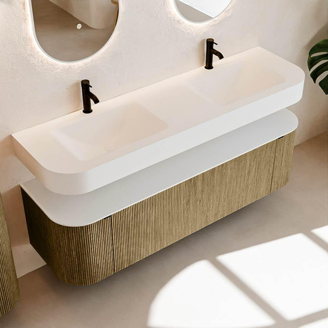 MONDIAZ THOR 160cm meuble de salle de bains arrondi gauche + droite couleur Dusk avec 1 tiroir et 2 portes. Vasque suspendue CLOUD Double 2 trous de robinet couleur Talc. SW1465029