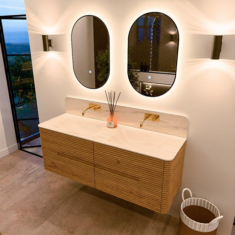 Mondiaz CIRO-DLUX Ensemble de meubles de salle de bains - 140x45x50cm - Vasque solid surface Meli - 2 bacs Double - sans trous de robinet - 4 tiroirs - Chêne SW1531398