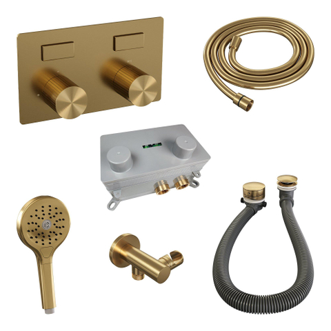 BRAUER Stripe Mitigeur thermostatique baignoire - boutons-poussoirs - SET 04 - encastré - combinaison de remplissage baignoire - douchette 3 positions - flexible de douche - coude mural - PVD or brossé SW1434831