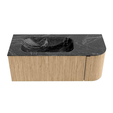 MONDIAZ KURVE-DLUX Meuble de salle de bains 115 cm avec module 25 R couleur Oak avec 1 tiroir et 1 porte. Lavabo BIG SMALL gauche sans trou de robinet couleur Lava. SW1138170
