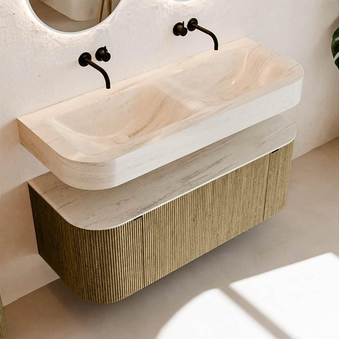 MONDIAZ THOR-DLUX 120cm meuble de salle de bains arrondi gauche + droite couleur Dusk avec 1 tiroir et 2 portes. Vasque suspendue CLOUD Double sans trou de robinet couleur Meli. SW1463324