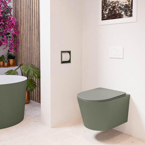 Mondiaz LAVIE hangtoilet – spoelrandloos – 36 x 53 cm – met softclose zitting – Army (groen), zitting Smoke (lichtbruin) SW1208725