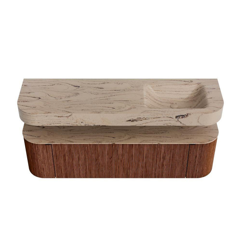 MONDIAZ THOR-DLUX 160cm meuble de salle de bains arrondi gauche + droite couleur Ruby avec 1 tiroir et 2 portes. Vasque suspendue CLOUD droite sans trou de robinet couleur Arena. SW1465134