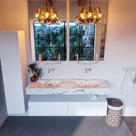 Mondiaz ALAN-DLUX Ensemble de meuble - 150cm - meuble Talc mat - 2 tiroirs - Lavabo Cloud Glace suspendu - vasque Gauche et droite - 0 trous de robinet SW805811
