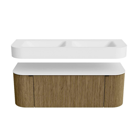 MONDIAZ THOR 130cm meuble de salle de bains arrondi gauche + droite couleur Dusk avec 1 tiroir et 2 portes. Vasque suspendue CLOUD Double 2 trous de robinet couleur Talc. SW1463613