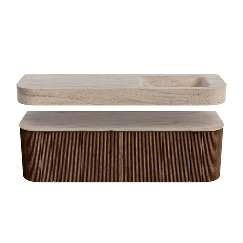 MONDIAZ THOR-DLUX 150cm badmeubel ronding links + rechts kleur Walnut met 1 lade en 2 deuren. Vrijhangende wastafel CLOUD Rechts 1 kraangat kleur Saba. SW1464887