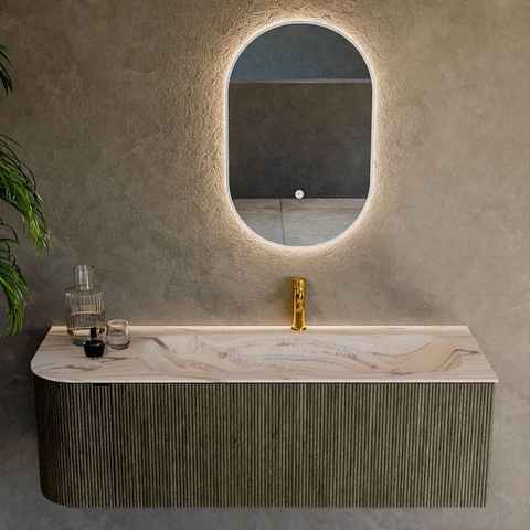 MONDIAZ KURVE-DLUX Meuble de salle de bains 135cm arrondi gauche couleur Shadow avec 1 tiroir et 1 porte. Lavabo BIG MEDIUM droit 1 trou de robinet Nata. SW1432291