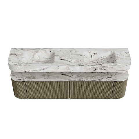 MONDIAZ THOR-DLUX Meuble de salle de bains 190cm arrondi gauche + droite couleur Shadow avec 2 tiroirs et 2 portes. Vasque suspendue CLOUD Double 2 trous de robinet couleur Glace. SW1466563