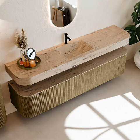 MONDIAZ THOR-DLUX 200cm meuble de salle de bains arrondi gauche + droite couleur Dusk avec 2 tiroirs et 2 portes. Vasque suspendue CLOUD Milieu 1 trou de robinet couleur Arena. SW1467075