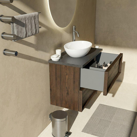 Saniclass Holz Frame Ensemble meuble de salle de bains - 80x45x63cm - Plan vasque en basalte Noche poli (noir) - 1 trou de robinet - 2 tiroirs - chêne charcoal mat (bois) SW1579898