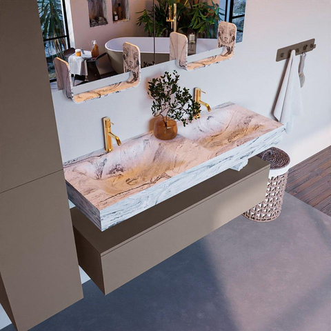 Mondiaz ALAN-DLUX Ensemble de meuble - 130cm - meuble Smoke mat - 1 tiroir - Lavabo Cloud Glace suspendu - vasque Gauche et droite - 2 trous de robinet SW805839
