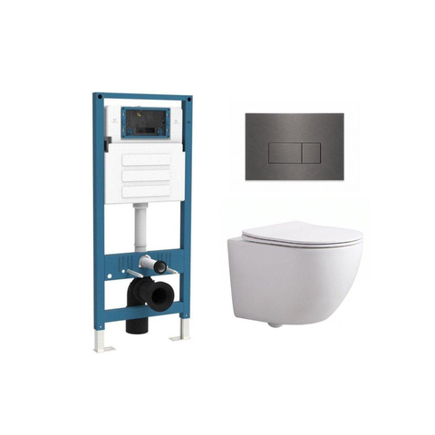 QeramiQ Dely Swirl Compact Ensemble WC - réservoir encastré QeramiQ flush - abattant 25 mm - plaque de commande métallique gunmetal - boutons rectangulaires - blanc mat SW1590813