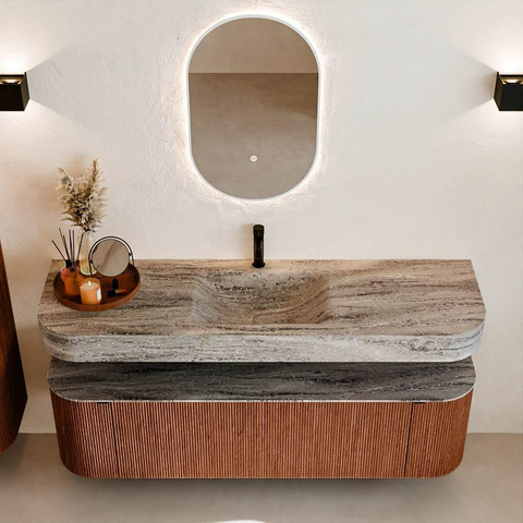 MONDIAZ THOR-DLUX 160cm meuble de salle de bains arrondi gauche + droite couleur Ruby avec 1 tiroir et 2 portes. Vasque suspendue CLOUD Milieu 1 trou de robinet couleur Oza. SW1465305