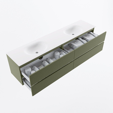 Mondiaz VICA Ensemble meuble de salle de bains - 200cm - army - 4 tiroirs - Lavabo MOON - double sans trou de robinet - couleur talc - version XL 60cm de hauteur SW1189230