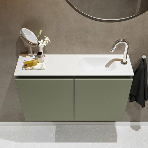 MONDIAZ TURE Toiletmeubel 80x23x50cm met 1 kraangaten 2 deuren army mat Wastafel Eden rechts Solid Surface Wit SW475005