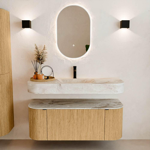 MONDIAZ THOR-DLUX Meuble de salle de bains - 120cm - arrondi gauche + droite - couleur Oak - 1 tiroir - 2 portes - Vasque suspendue CLOUD Milieu 1 trou de robinet couleur Frappe SW1463038