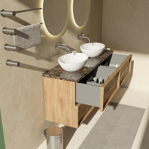Saniclass Holz Frame Badkamermeubelset - 140x45x63cm - Noche natuurstenen topblad dark emperador - zonder kraangat - 4 lades - mat eiken natural (hout) SW1579947
