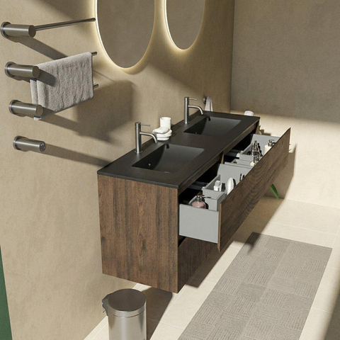 Saniclass Holz Atelier Badkamermeubelset - 140x45x62cm - Vygo keramische wastafel zwart - 2 wasbakken - 2 kraangaten - 4 lades - mat eiken charcoal (hout) SW1479005