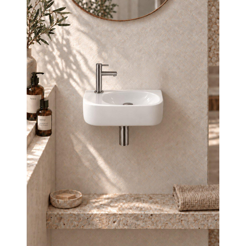 QeramiQ Fuente pack lave-mains – 40 x 21,5 x 12 cm – céramique blanc brillant – perçage à gauche – robinet gunmetal SW1232825