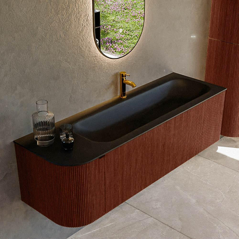 Mondiaz KURVE Ensemble de meuble de salle de bains - 145x46x40cm - 1 tiroir - 1 porte - lavabo solid surface - droite - 1 trou de robinet - Ruby SW1415349