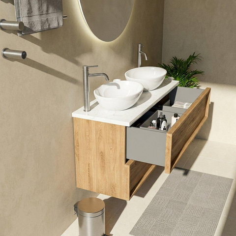 Saniclass Holz Frame Ensemble meuble de salle de bains - 120x45x63cm - Plan vasque en marbre Dia poli (blanc) - 2 trous de robinetterie - 2 tiroirs - chêne natural mat (bois) SW1579966