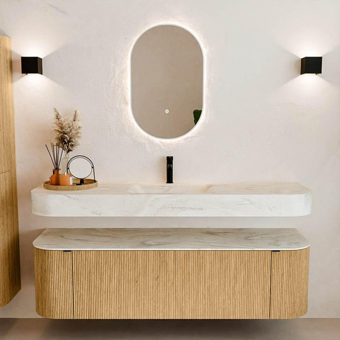 MONDIAZ THOR-DLUX 160cm badmeubel ronding links + rechts kleur Oak met 1 lade en 2 deuren. Vrijhangende wastafel CLOUD Midden 1 kraangat kleur Ostra. SW1464964