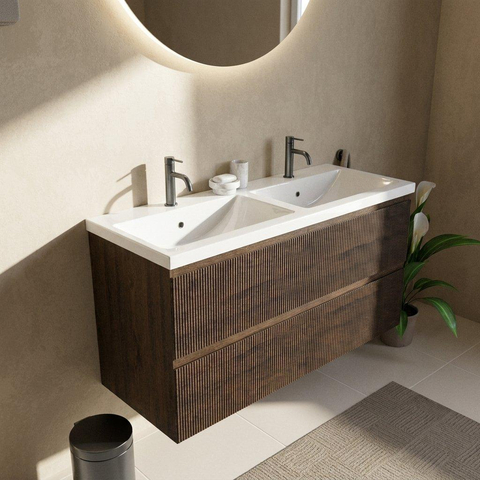 Saniclass Holz Atelier Ensemble de meubles de salle de bains - 120x45x63.5cm - Lavabo Bari en céramique blanc - 2 vasques - 2 trous de robinet - 2 tiroirs - chêne charcoal mat (bois) SW1478781