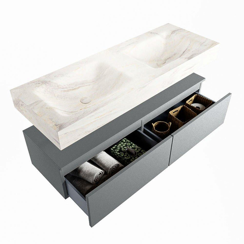 Mondiaz ALAN-DLUX Ensemble de meuble - 130cm - meuble Plata mat - 2 tiroirs - Lavabo Cloud Ostra suspendu - vasque Gauche et droite - 0 trous de robinet SW807698