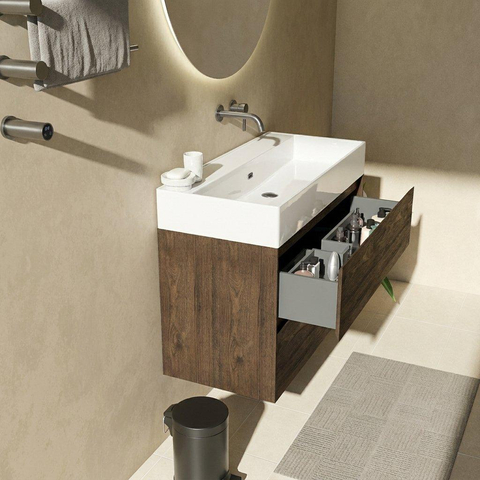 Saniclass Holz Pure Ensemble de meubles de salle de bains - 100x45x72cm - Legend lavabo en céramique blanc - 1 vasque - sans trou de robinet - 2 tiroirs - chêne charcoal mat (bois) SW1478486