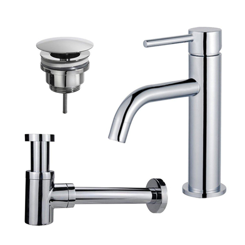 Fortifura Calvi Slim Wastafelkraanset - lage wastafelkraan - always open plug - verlaagde design - sifon - hoogglans chroom SW891925