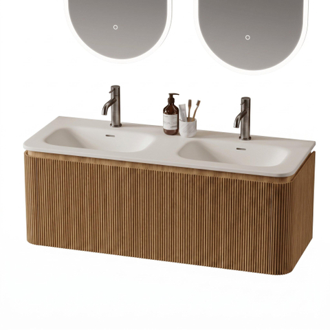 Royal Plaza Terra Edge Ensemble meuble de salle de bains - 120x44.7x46cm - vasque en solid surface blanc mat - 2 vasques - 2 trous de robinet - 2 tiroirs - sandwood (chêne clair) SW1471916