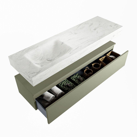 Mondiaz ALAN-DLUX Ensemble de meuble - 150cm - meuble Army mat - 1 tiroir - Lavabo Cloud Opalo suspendu - vasque Gauche - 0 trous de robinet SW806780
